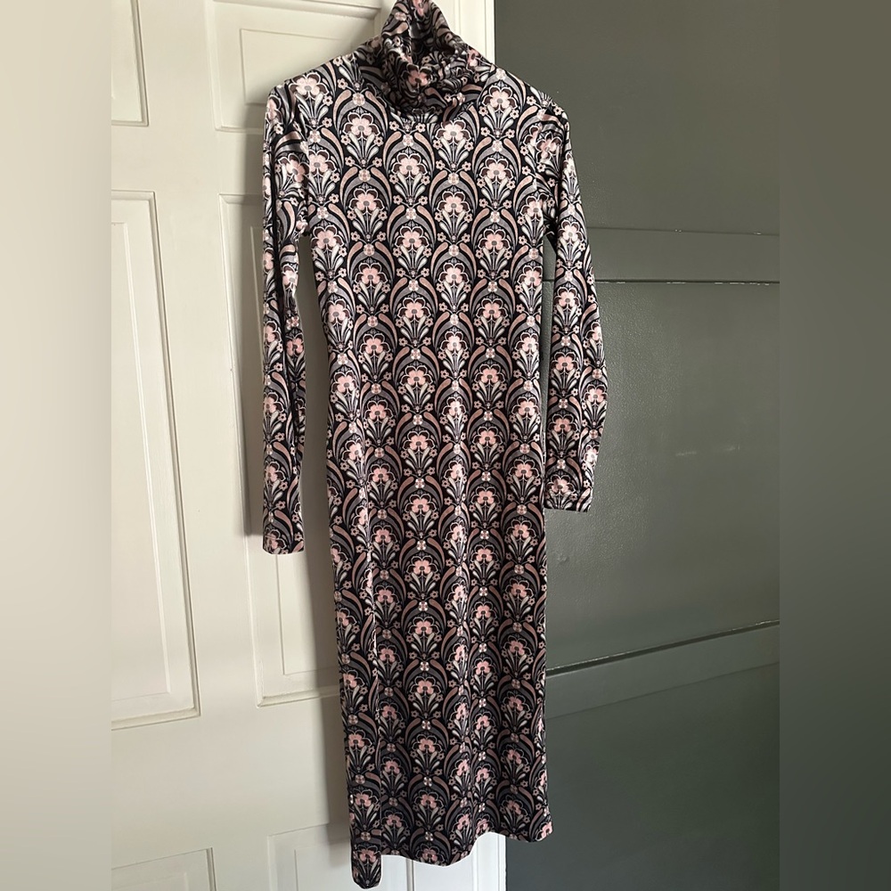 CARA CARA Piper Velvet Floral Block Print Turtleneck Midi Dress Art Deco Fall